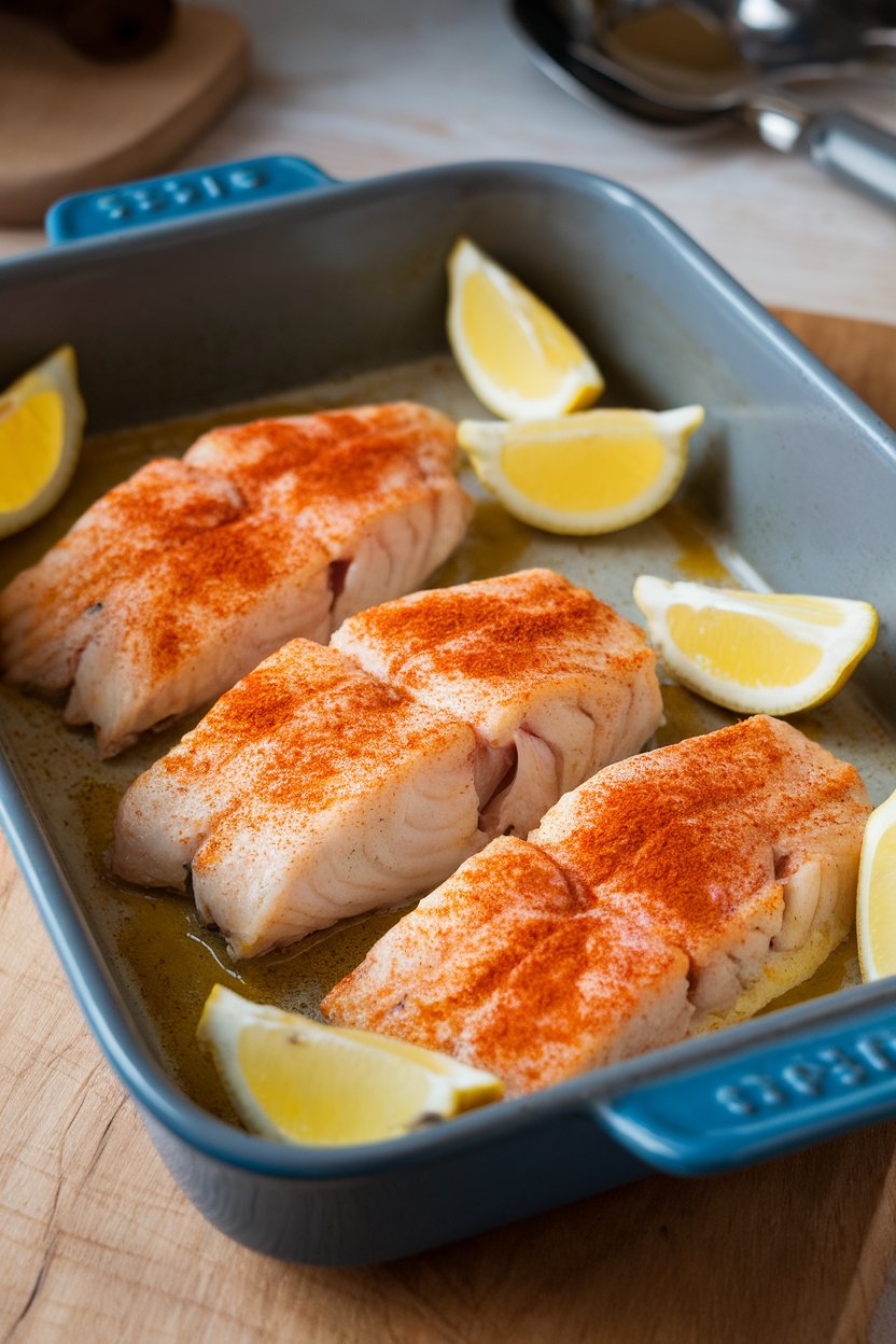Photo of an indoor baking dish showing cooked tilapia fillets dusted with paprika and served with lemon wedges; no text or logos