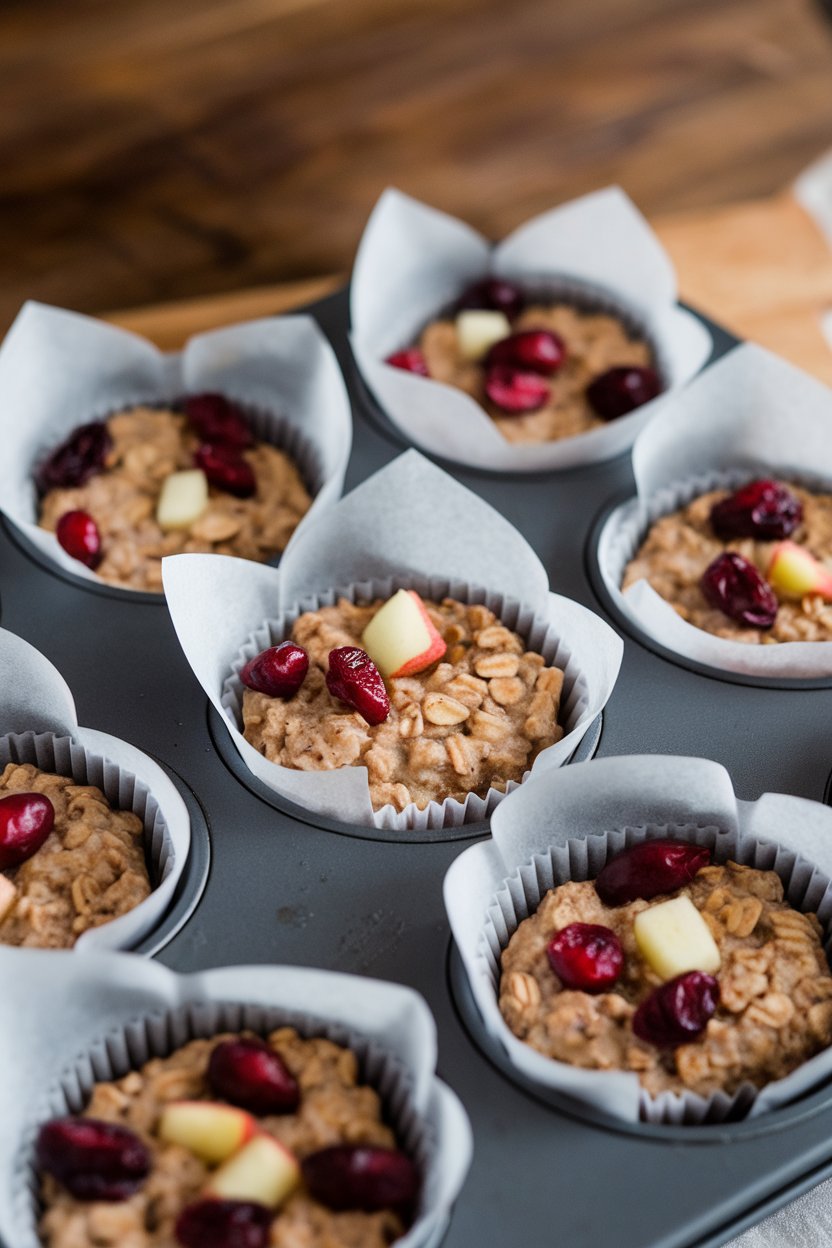 Photo of muffin papers indoors holding baked oatmeal cups studded with cranberries and apple chunks, no text or logos.