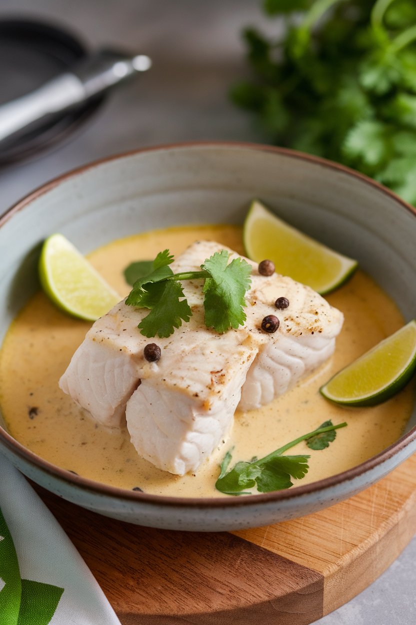 Photo of a poached halibut fillet sitting in creamy coconut lime sauce on a shallow bowl indoors; fish fully cooked, no text or logos.