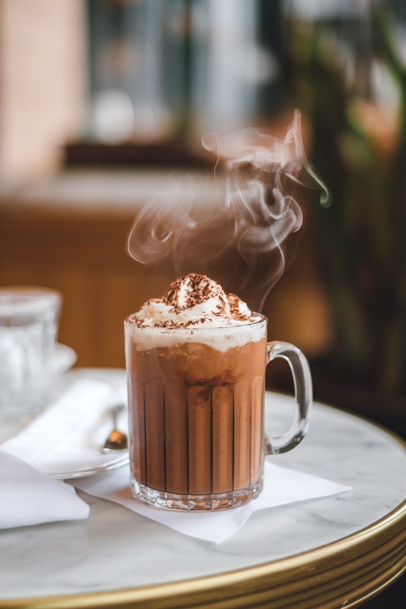 Indoor café table, clear glass mug of steaming cocoa-colored margarita, whipped cream peak, grated chocolate on top; no logos.