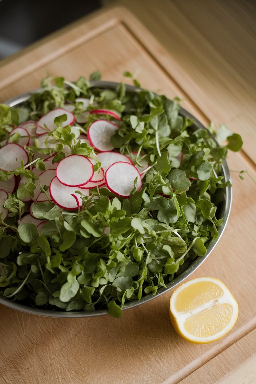 Indoor salad bowl brimming with fresh watercress leaves and thinly sliced radishes, lemon wedge on side. No logos or text. Photo.