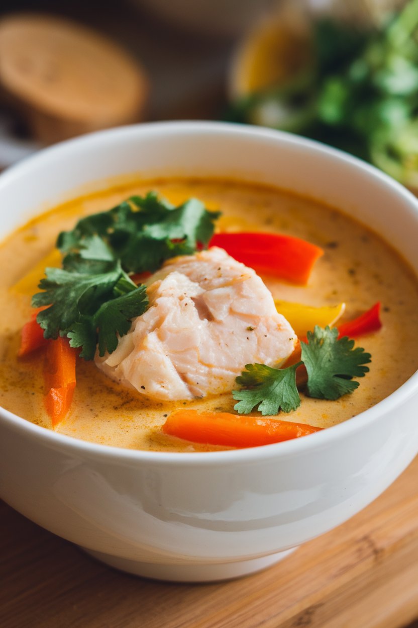 Indoor photo of coconut red curry soup with cooked cod chunks, bell peppers, and cilantro, in a white bowl; no text or logos