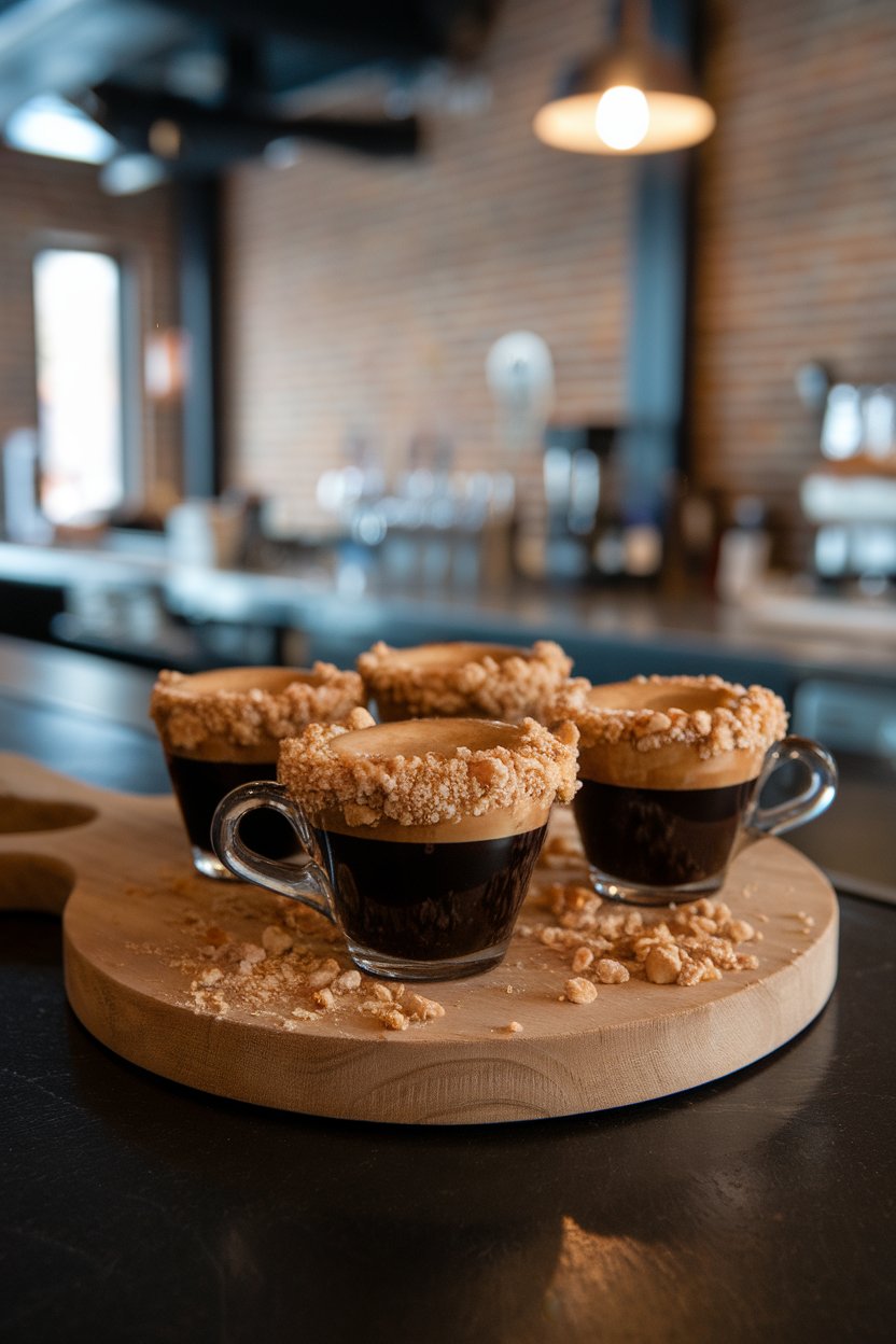 Photo of deep-brown espresso shots topped with a hazelnut crumble rim, indoor bar; no branding.