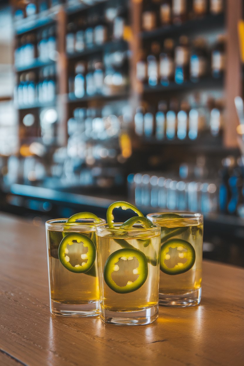 Photo of yellow shots with thin jalapeño ring floating, indoor bar; no branding.