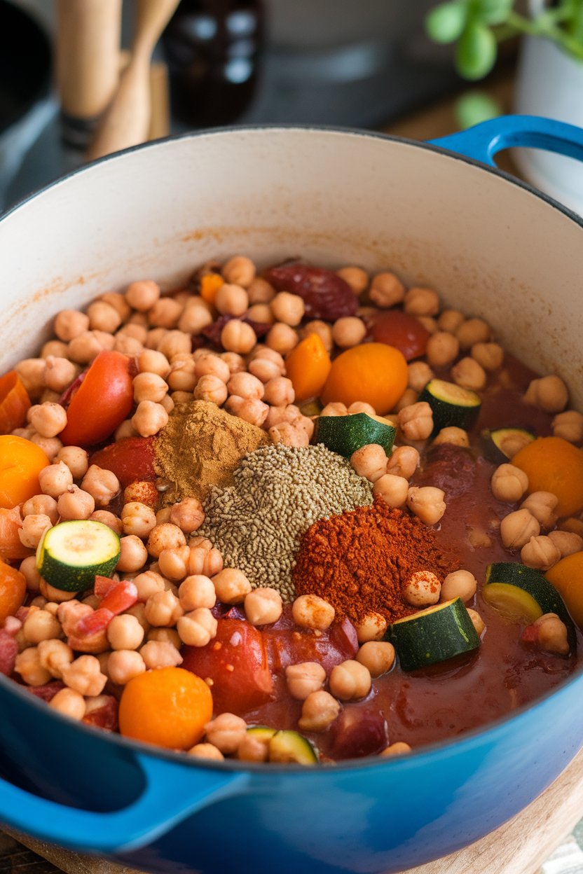 An indoor Dutch oven filled with simmering stew of chickpeas, tomatoes, zucchini, and apricots, bright spices visible. No logos.