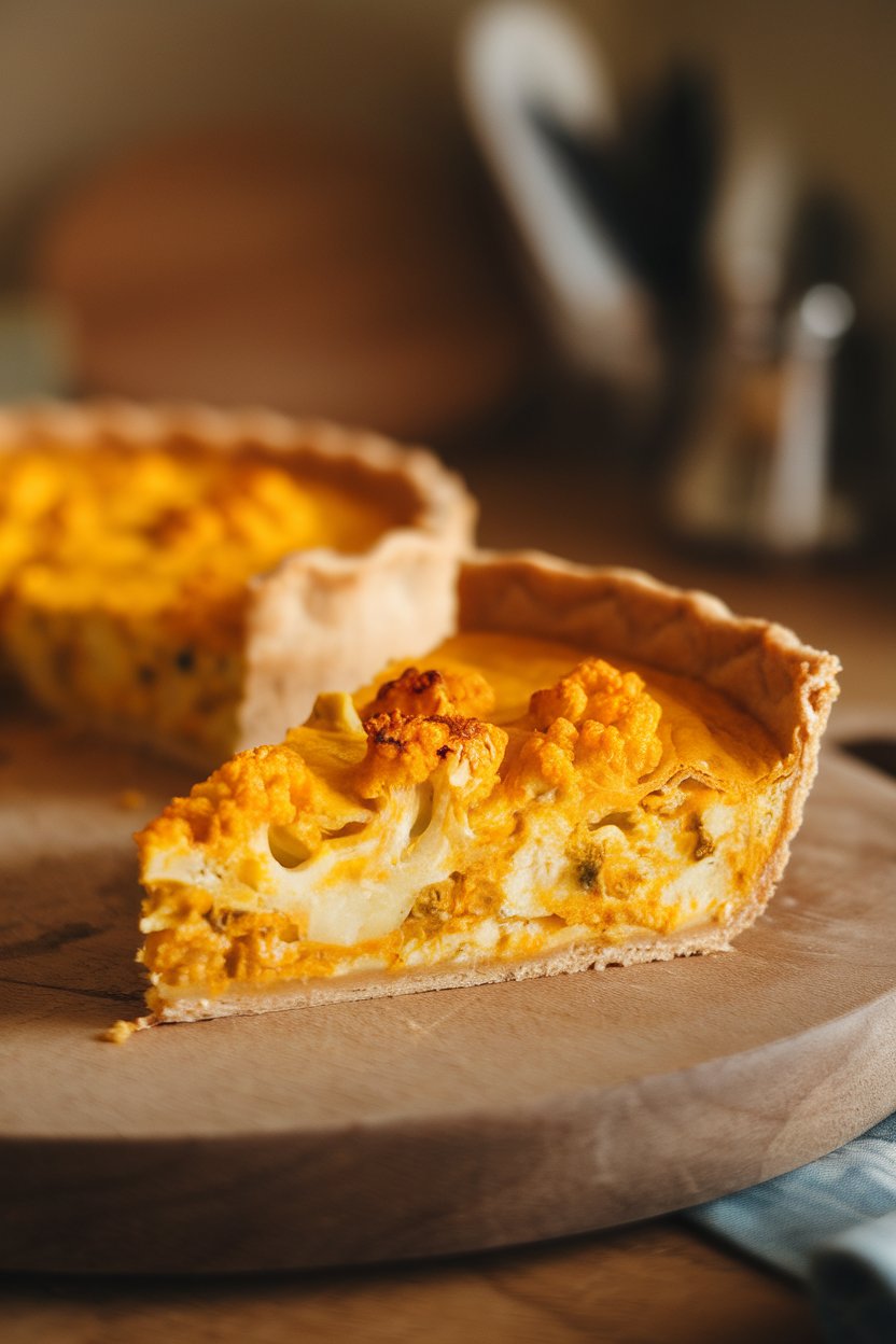 Warm indoor photo of a slice of cauliflower curry quiche, golden hue from turmeric, no text or logos.