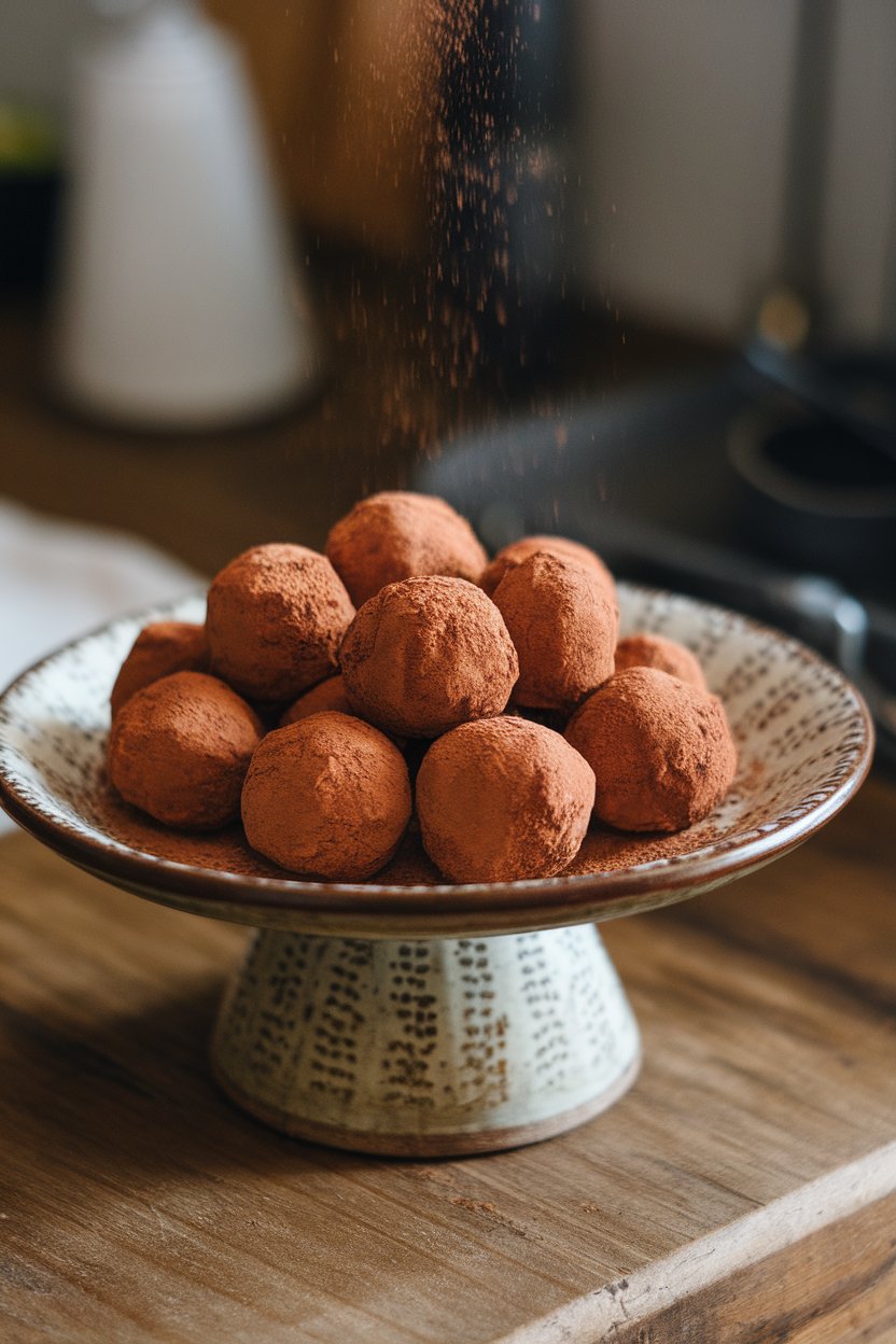 An indoor dessert plate with round cocoa-dusted avocado truffles, photo only, no text or logos.