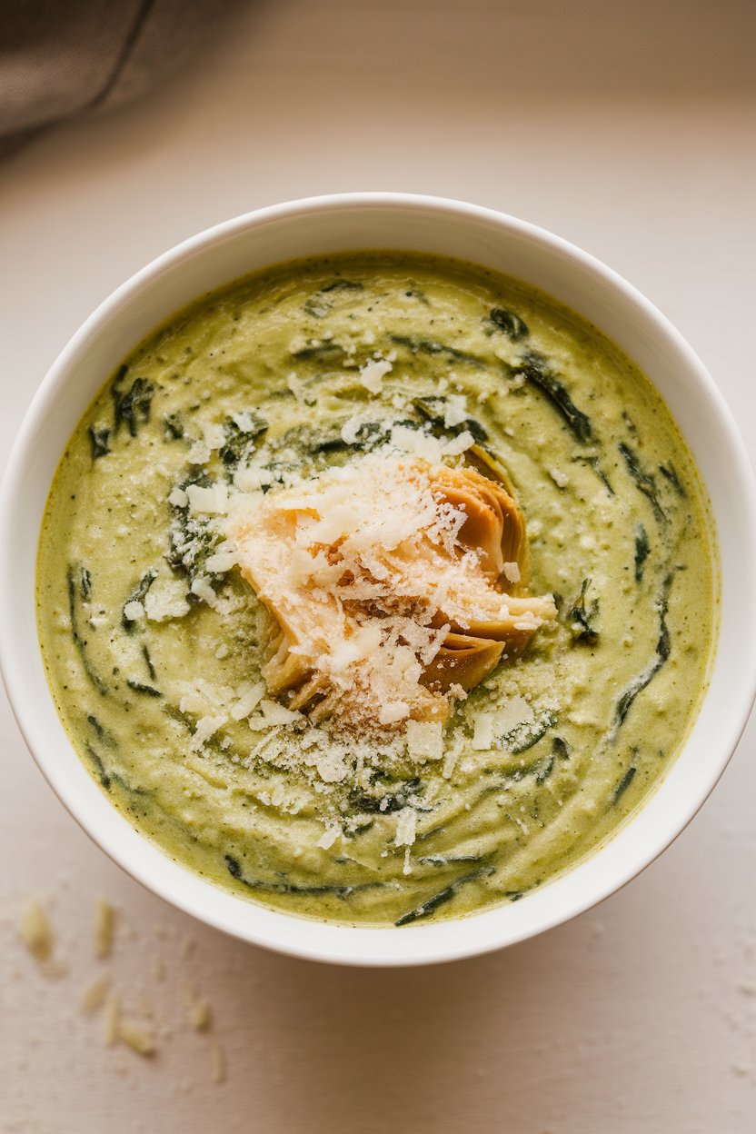 Indoor photo of creamy green spinach artichoke soup sprinkled with grated Parmesan, served in white bowl; no text or logos