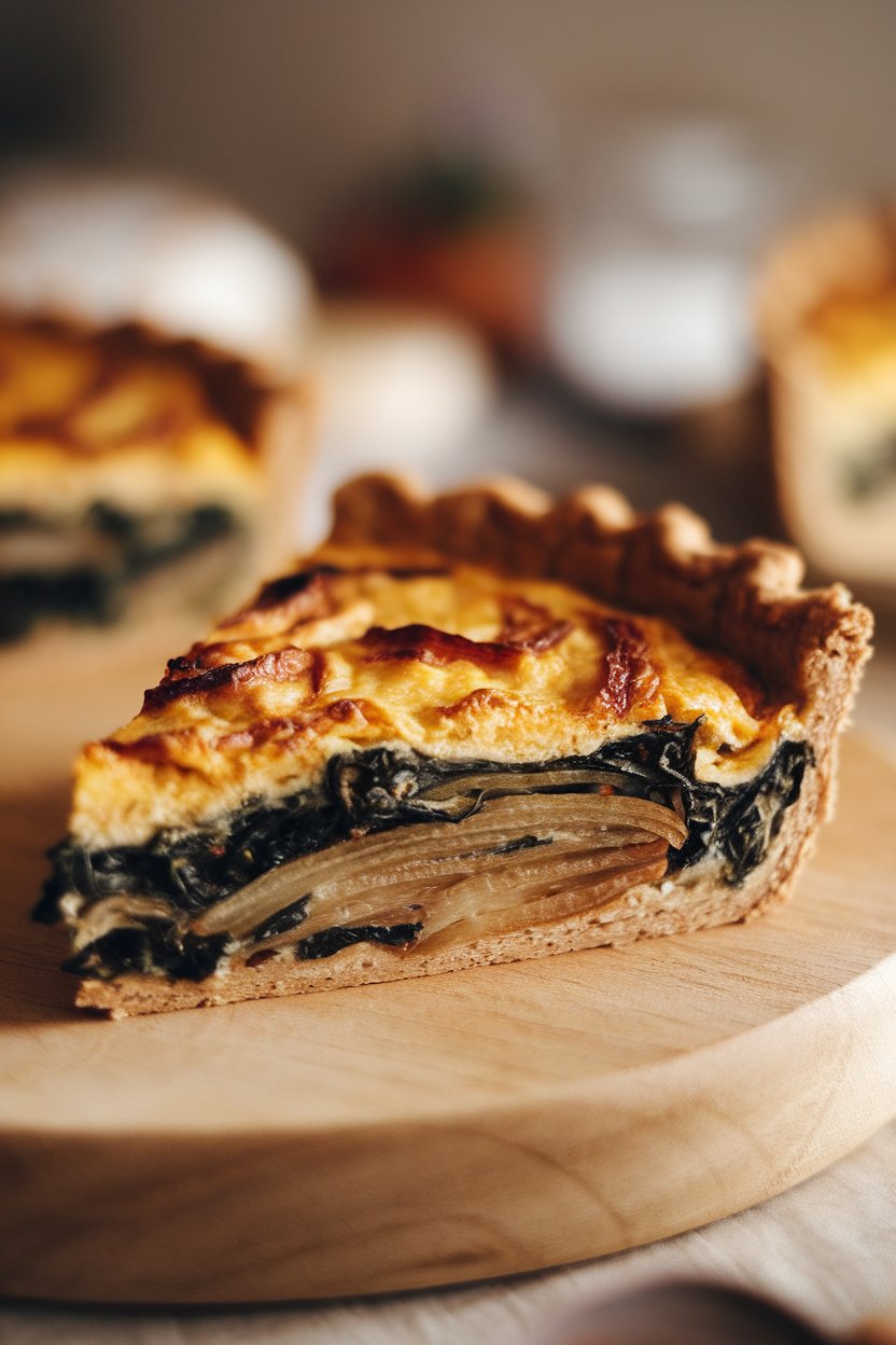 Side-angle indoor shot of a golden oat-crust quiche slice showing layers of caramelized onion and wilted chard, no text or logos.