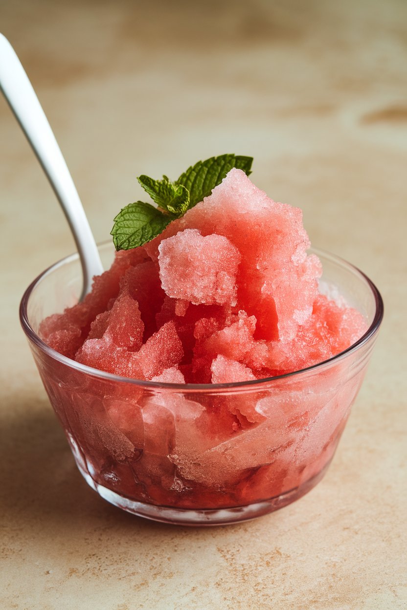 Indoor photo of flaky watermelon granita scooped into a clear bowl with a tiny mint leaf. No text or logos.