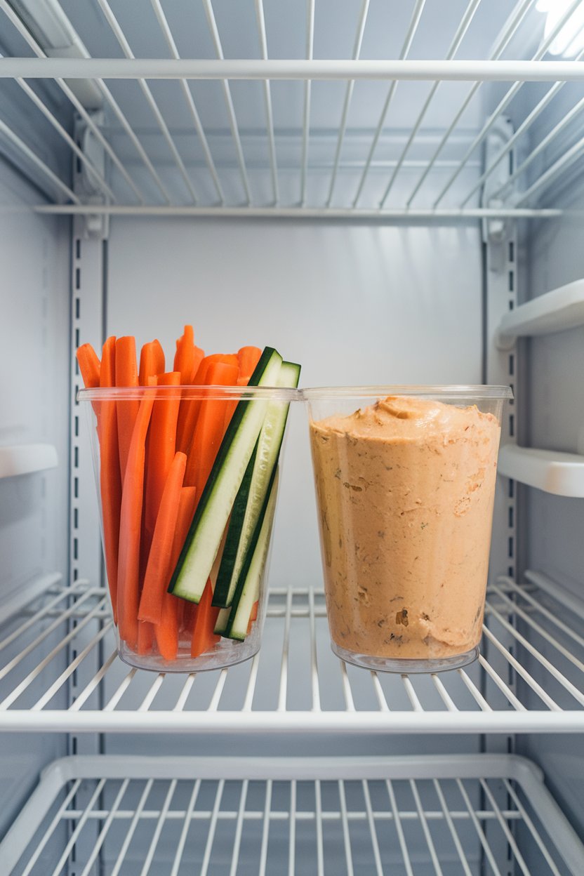 An indoor refrigerator shelf view with clear snack cups: one side filled with carrot and cucumber sticks, the other side holding smooth hummus. No text or logos.