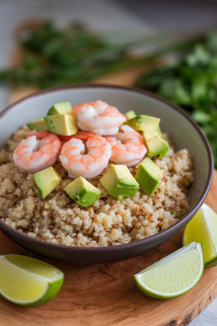 An indoor bowl filled with fluffy quinoa topped with cooked shrimp, diced avocado, and lime wedges; no logos.