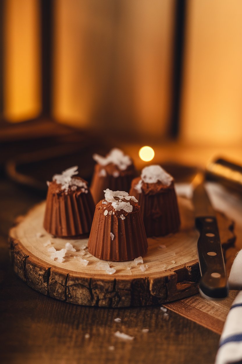 Photo of rich cocoa-brown shots topped with a pinch of flaky sea salt, warm indoor lighting; no branding present.