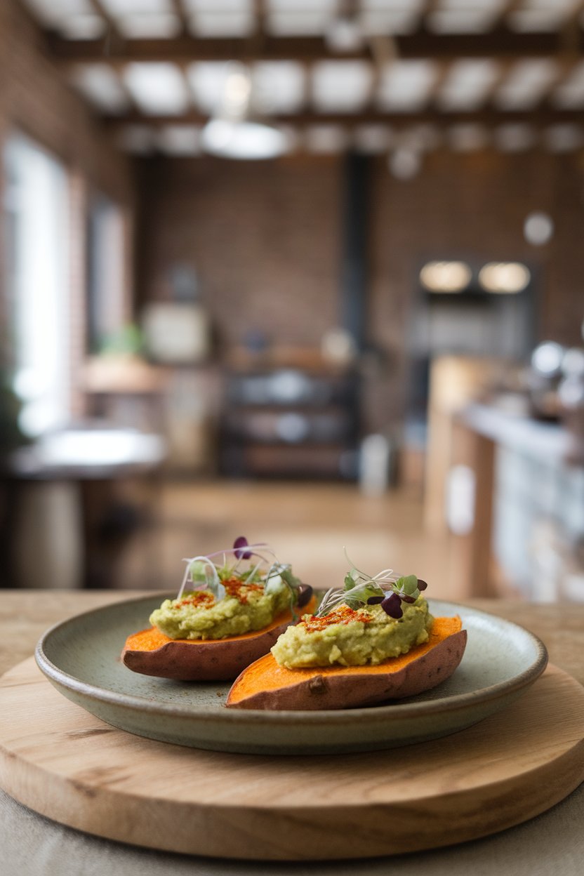 Photo of a ceramic plate indoors holding two slices of toasted sweet potato topped with mashed avocado, red pepper flakes, and microgreens. No text or logos.