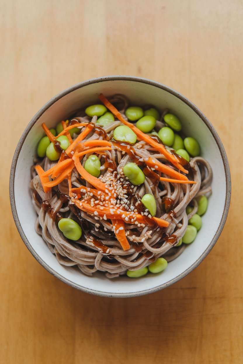 Overhead indoor shot of a bowl of soba noodles mixed with shelled edamame, shredded carrots, and sesame seeds, light soy drizzle evident. No text or logos, photo not illustration.
