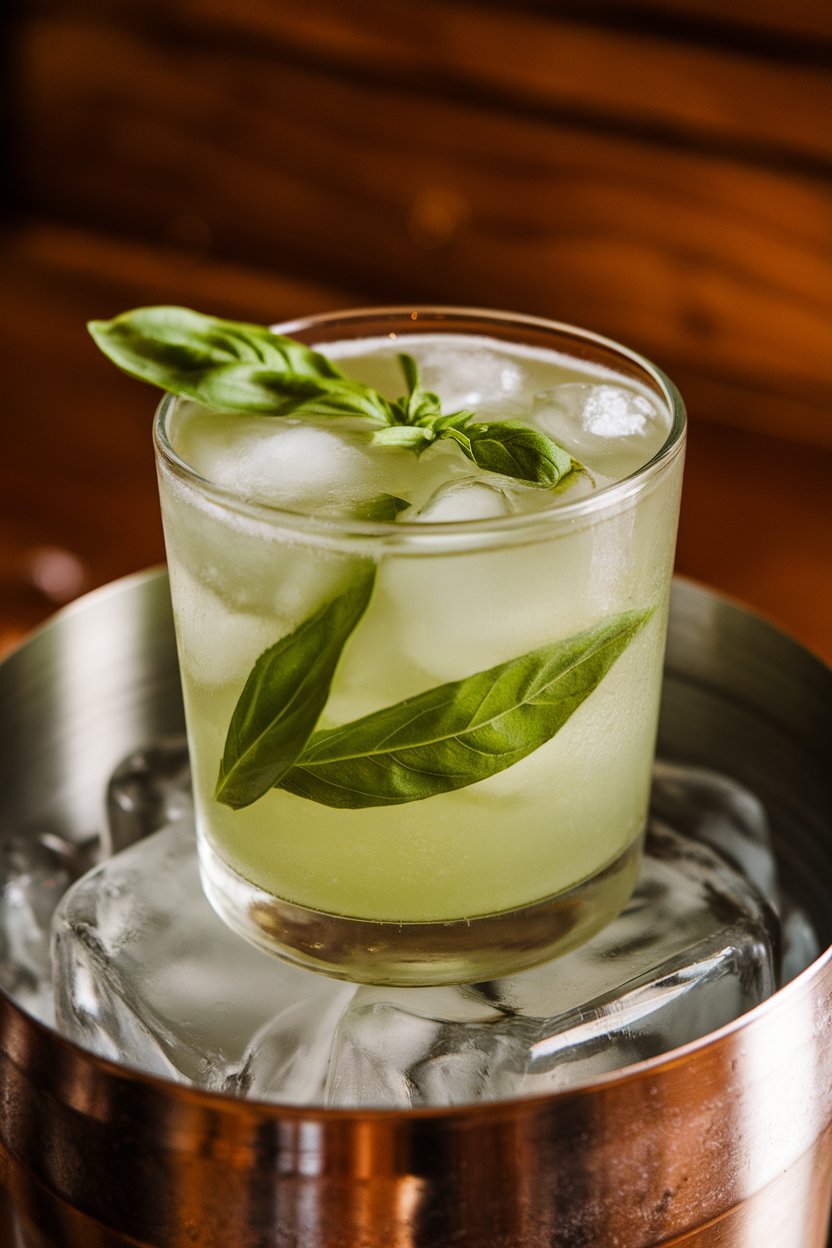 An indoor bar top with a rocks glass Gin Basil Smash glowing emerald, basil leaves floating on cracked ice. No text or logos.
