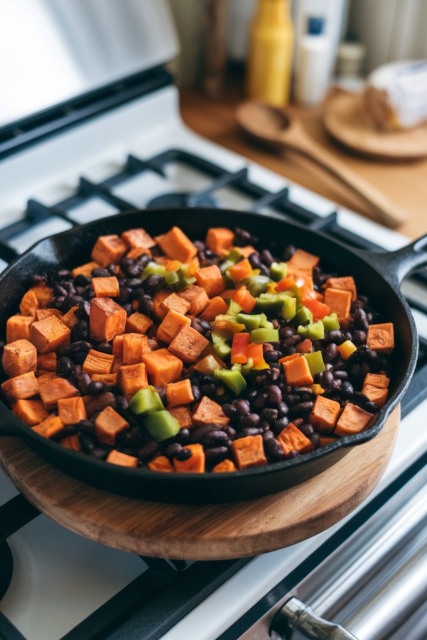 Indoor stovetop photo of a cast-iron skillet filled with cubed roasted sweet potatoes, black beans, and diced bell peppers, colors vibrant. No text or logos.