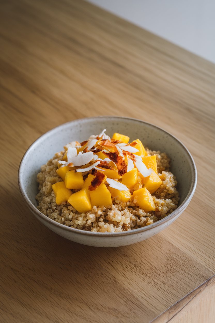 An indoor tabletop bowl of fluffy quinoa topped with diced mango, toasted coconut flakes, and a drizzle of honey; bright overhead lighting, no text or logos; photo