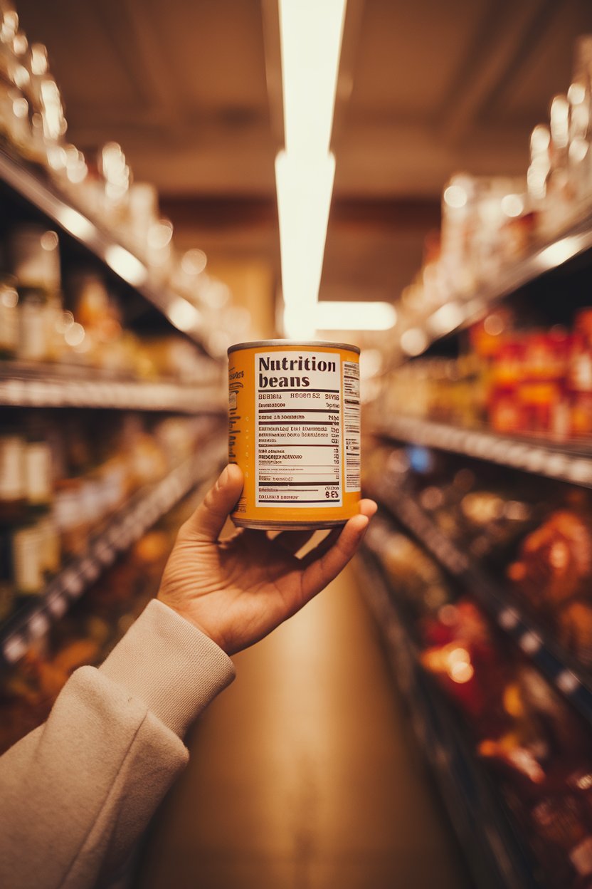 Photo — A hand holding a can of beans in a grocery aisle, focusing on the nutrition panel. No text or logos other than the unidentifiable label blur.