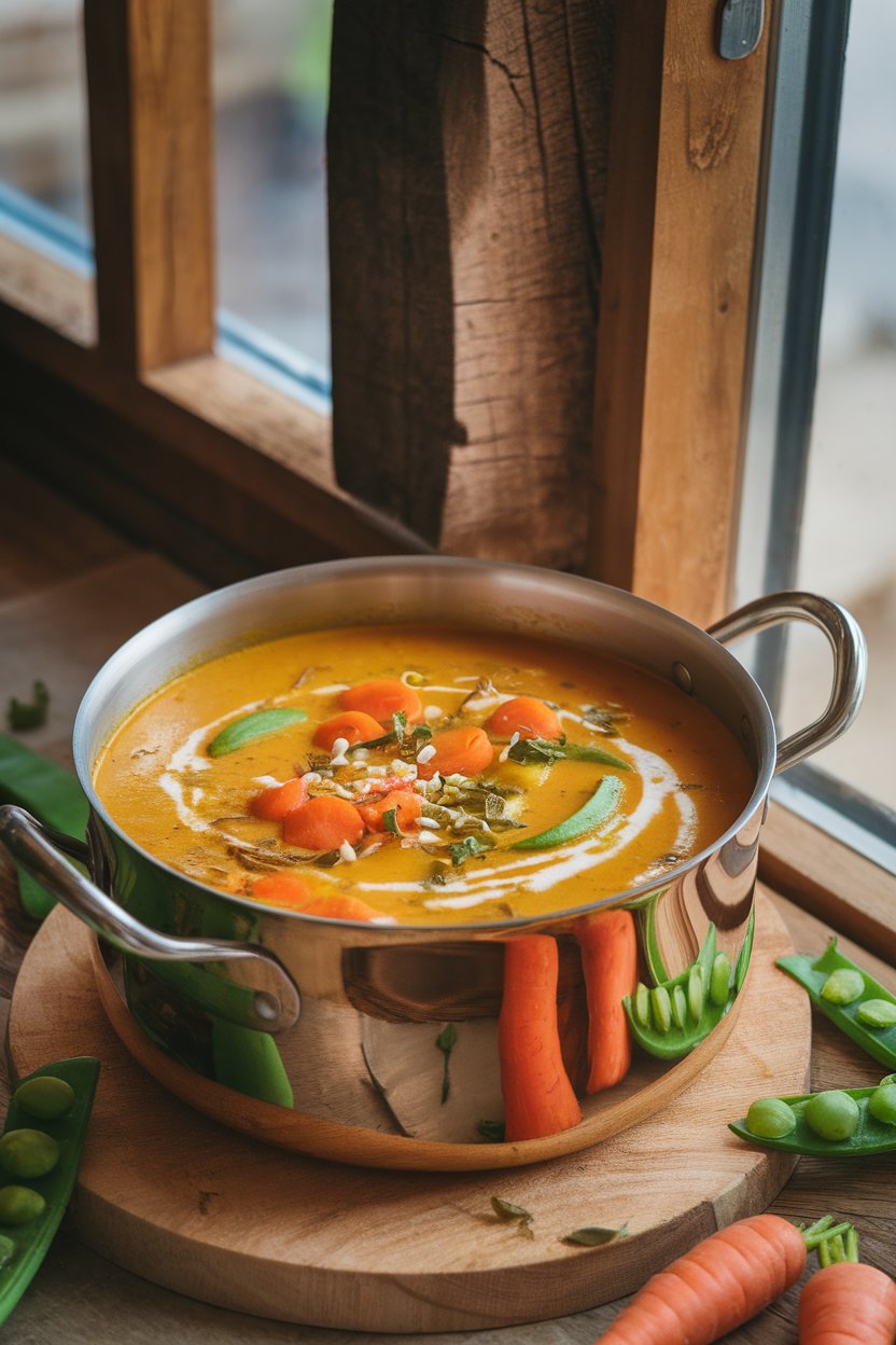Indoor pot of golden coconut curry soup with visible veggies like carrots and snap peas—no text or logos.