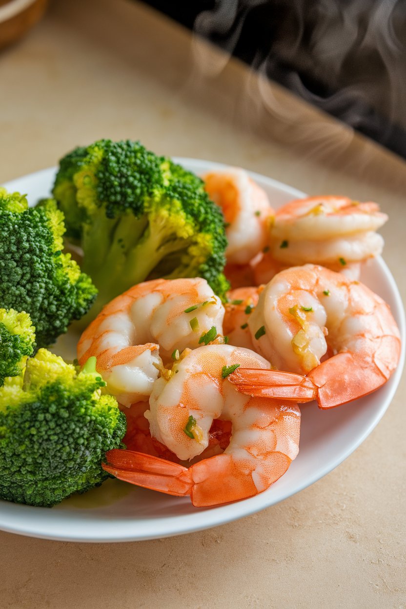 Indoor plate featuring cooked shrimp glazed with ginger-garlic sauce next to bright green broccoli florets, steam visible. No text or logos present.