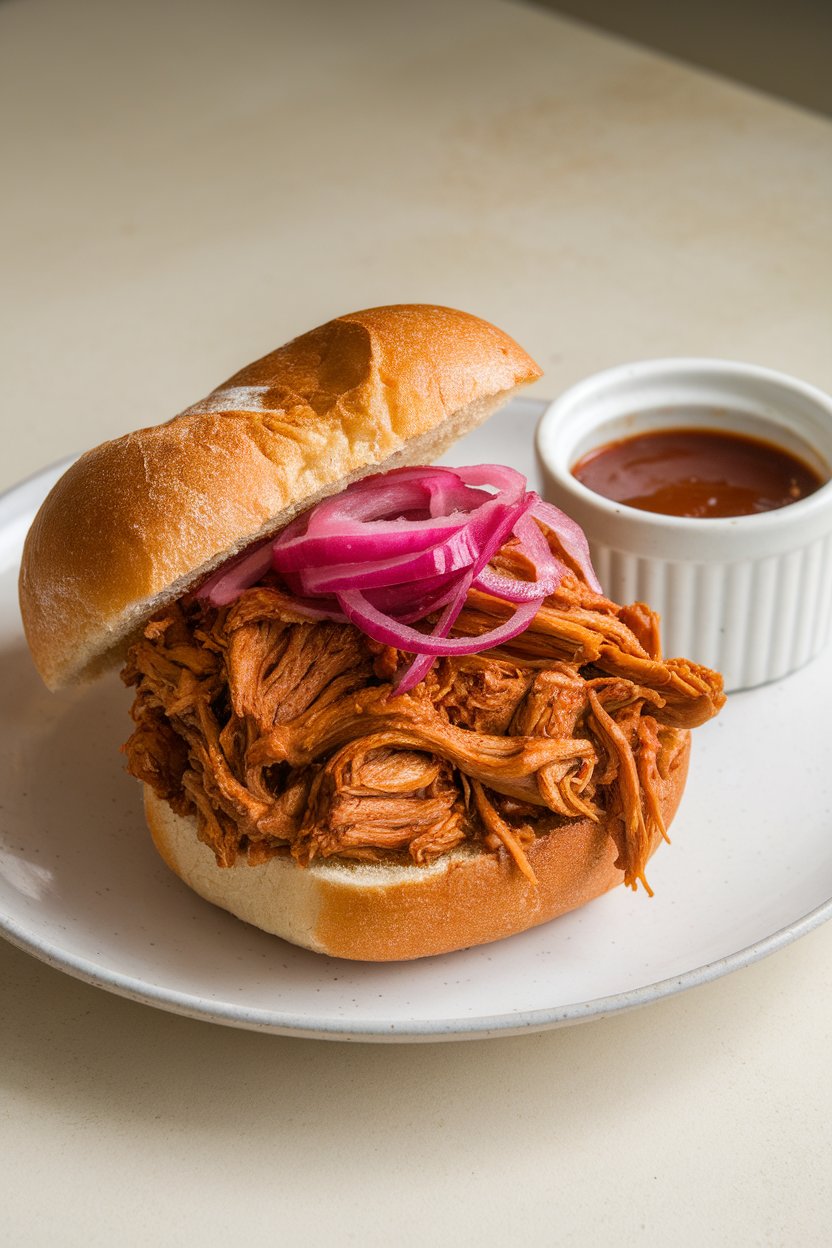 An indoor counter with a toasted bun overflowing with saucy pulled jackfruit, pickled red onions on top, extra sauce in a ramekin nearby. No text or logos; photo, not illustration.