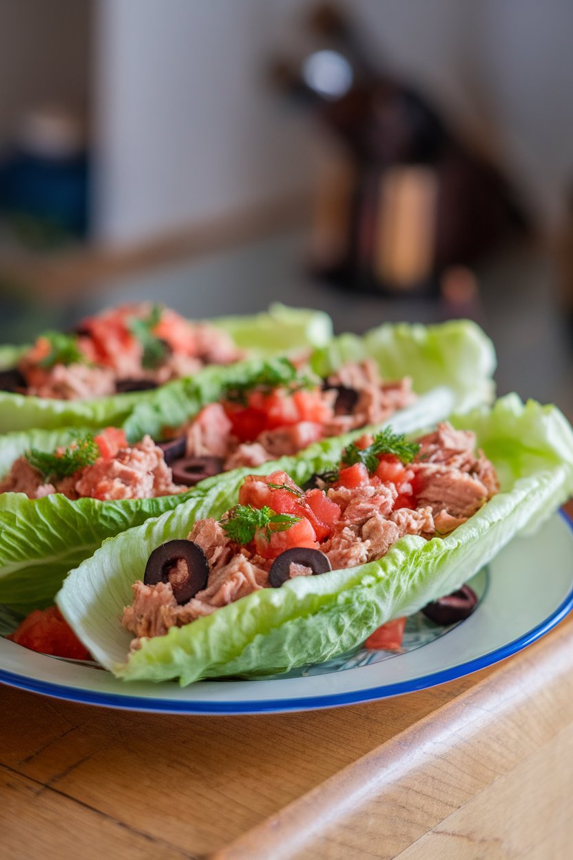 Indoor plate featuring romaine boats piled with tuna, olives, diced tomatoes, and herbs. No text or logos.