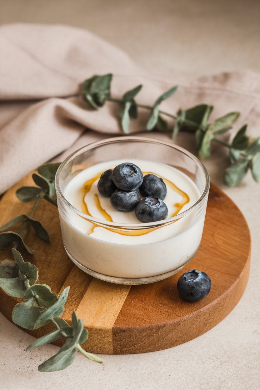 Indoor photo of a glass bowl of plain yogurt topped with a thin ribbon of honey and a few blueberries, neutral backdrop, no text or logos