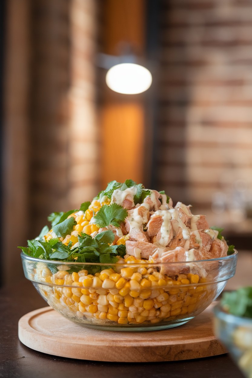 Indoor salad bowl containing grilled corn kernels, diced chicken breast, cilantro, and a light yogurt-lime dressing; bright table light; photo, no text or logos.