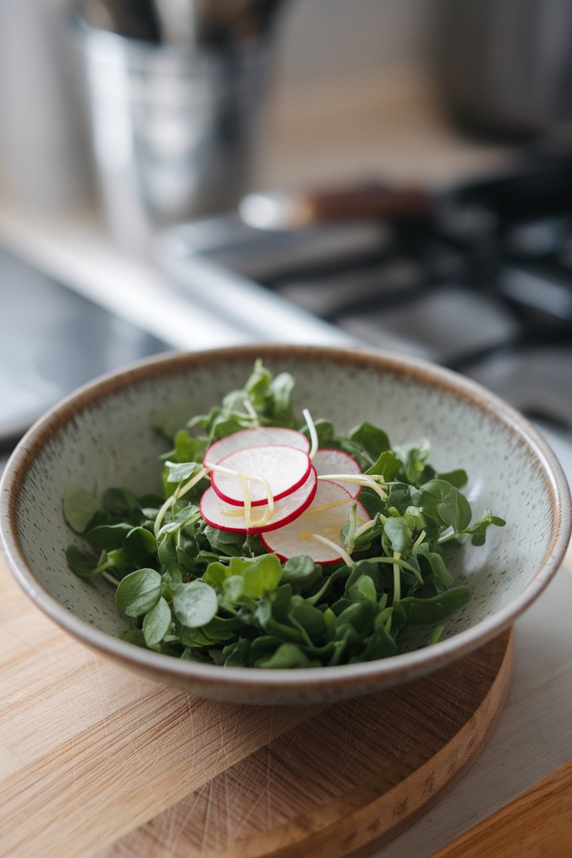 A shallow bowl indoors containing peppery watercress leaves topped with thin radish rounds and a lemon vinaigrette. Photo, no logos.