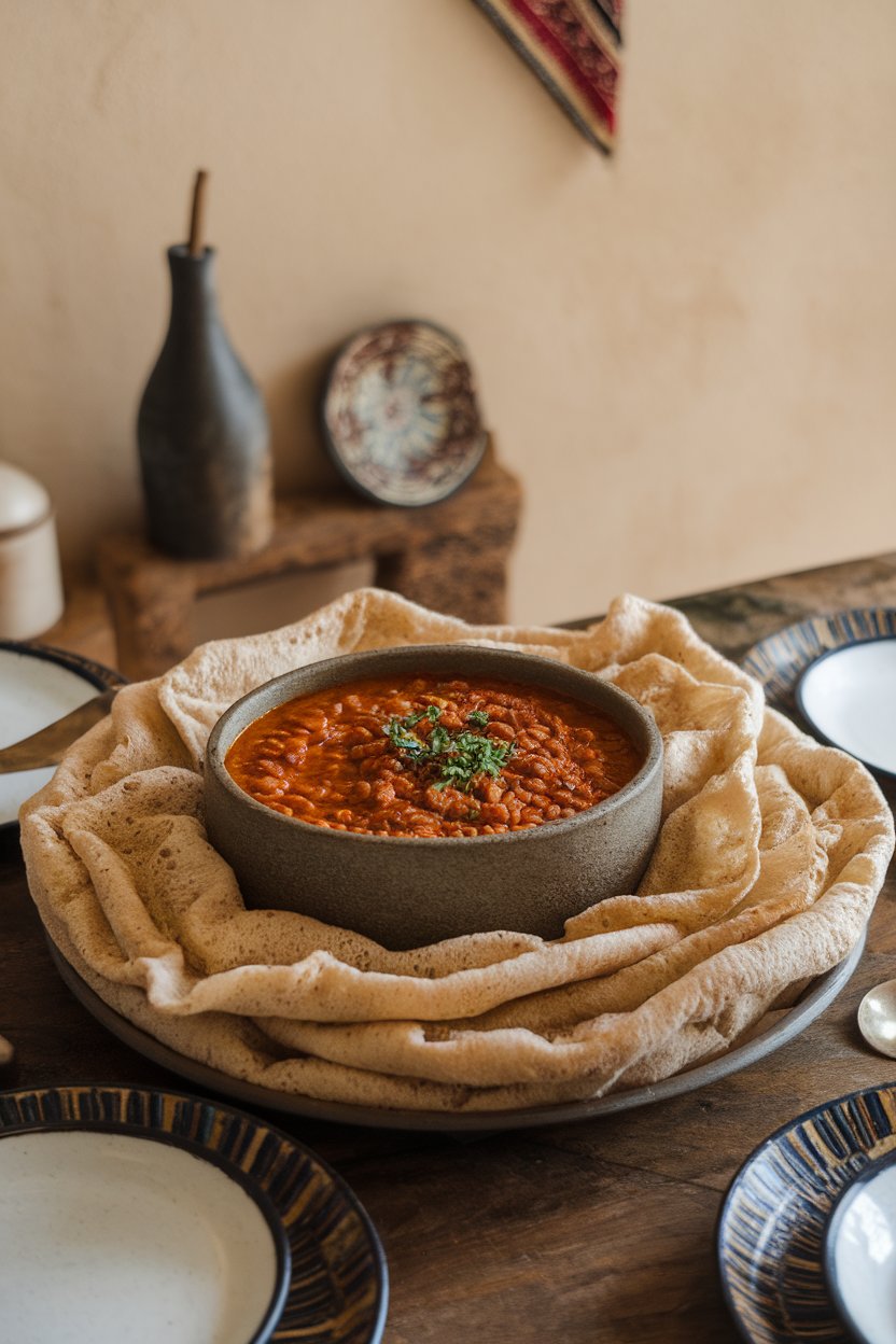 Indoor Ethiopian dining table with bowl of thick red lentil stew, injera bread on side. No text or logos. Photo.