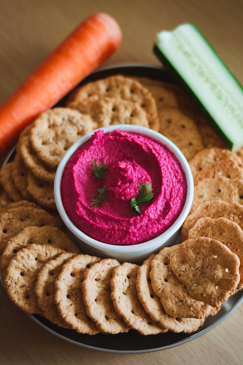 An indoor lunch spread featuring a small container of vibrant pink beet hummus surrounded by whole-grain crackers. Photo only, no text or logos.
