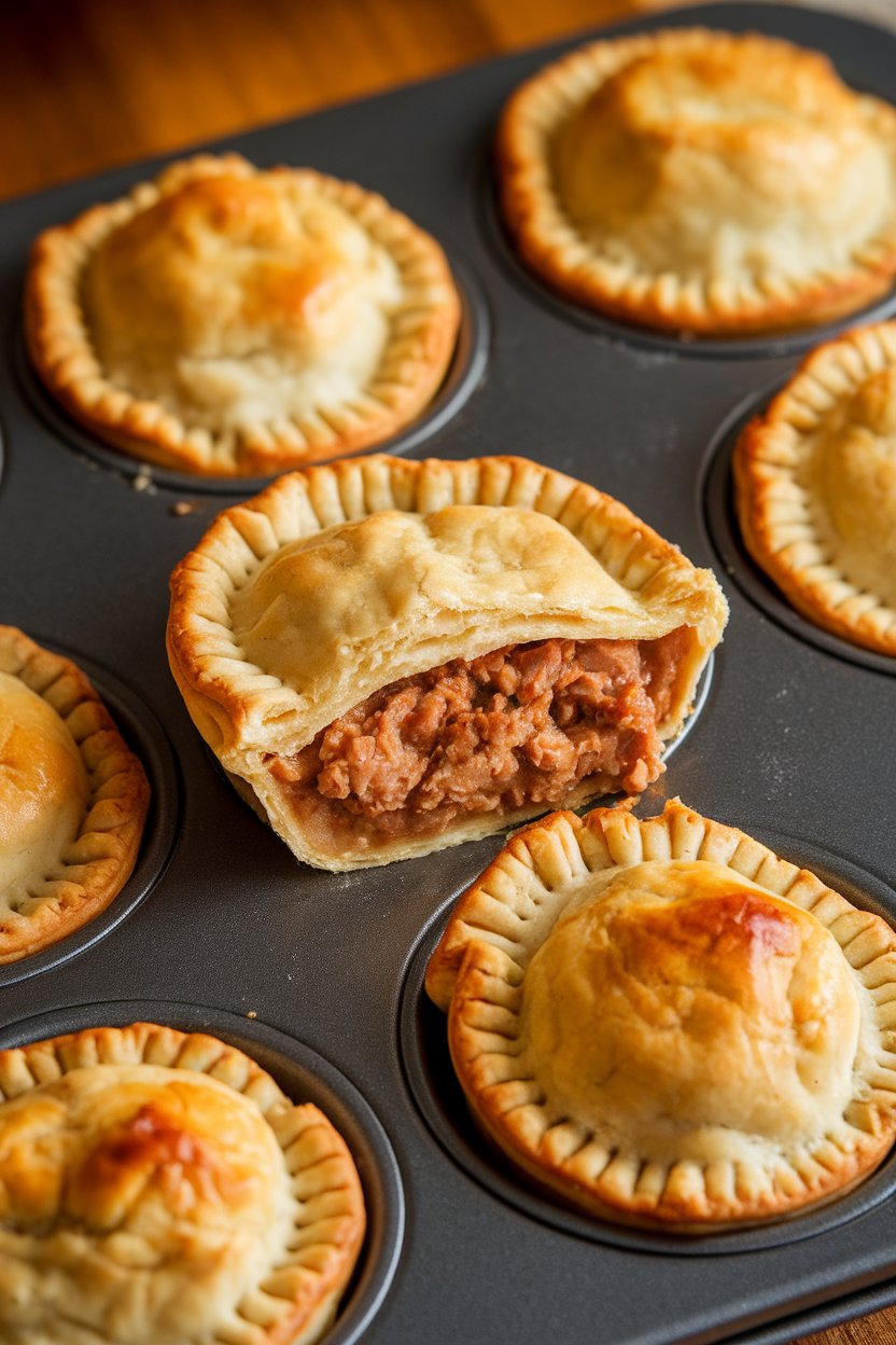 Indoor muffin tin showing golden mini pot pies with flaky crust tops, one pie cut open to reveal filling. No text or logos. Photo only.