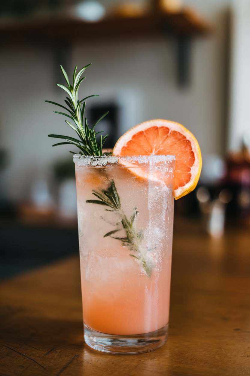Indoor setting, highball of pale pink margarita topped with soda, rosemary sprig, grapefruit slice; no logos.