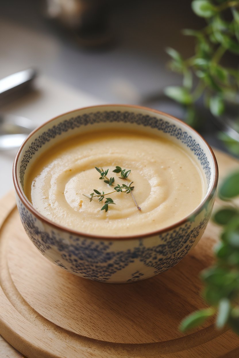 Indoor photo of creamy off-white parsnip pear soup in a porcelain bowl, topped with thyme leaves; no text or logos