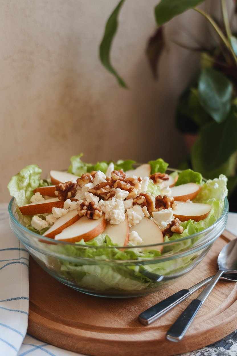 Photo of butter lettuce layered with pear slices, crumbled gorgonzola, and toasted walnuts, indoors, no text or logos.