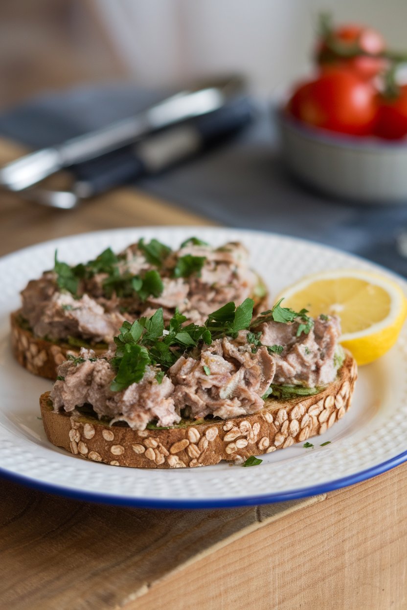 Indoor plate with whole-grain toast topped with mashed sardines, chopped parsley, and a squeeze of lemon. No text or logos in the scene.