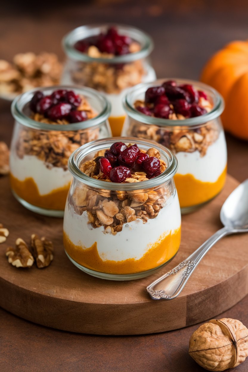 Small glass jars layered with pumpkin-spiced Greek yogurt, granola, and a cranberry topping. No text or logos.