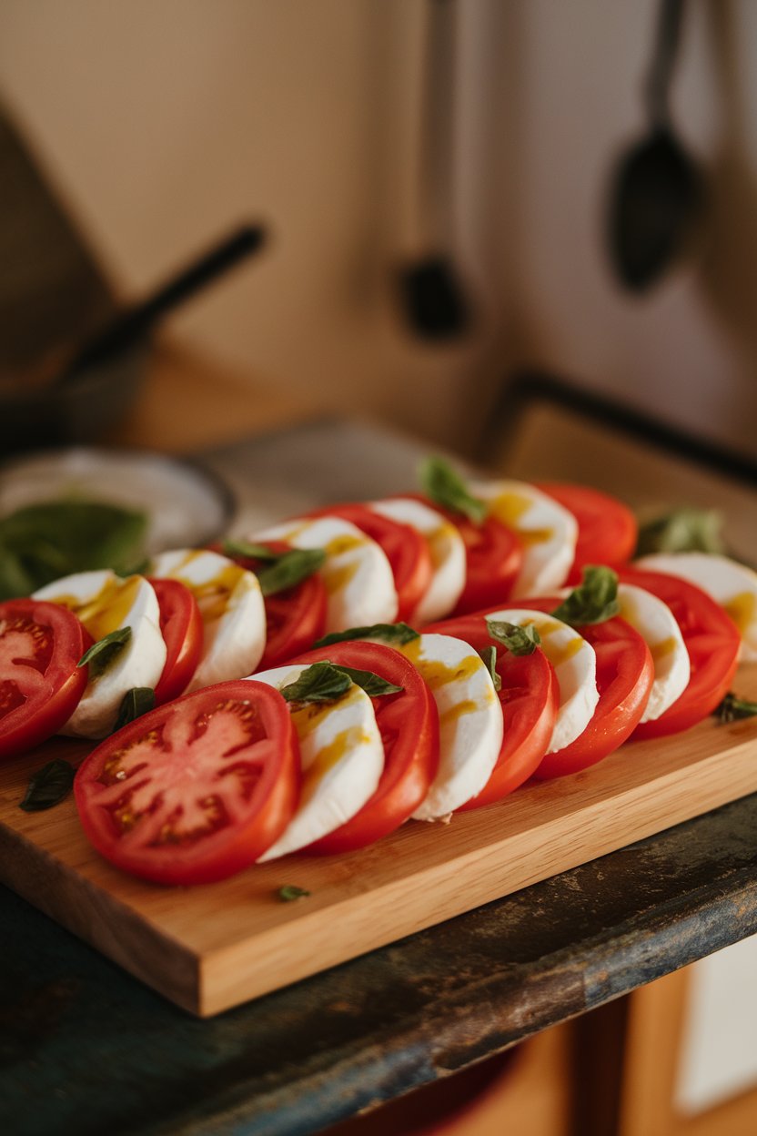 Photo of alternating slices of ripe tomato and pasteurized mozzarella drizzled with olive oil and sprinkled with basil leaves, presented indoors; no text or logos.