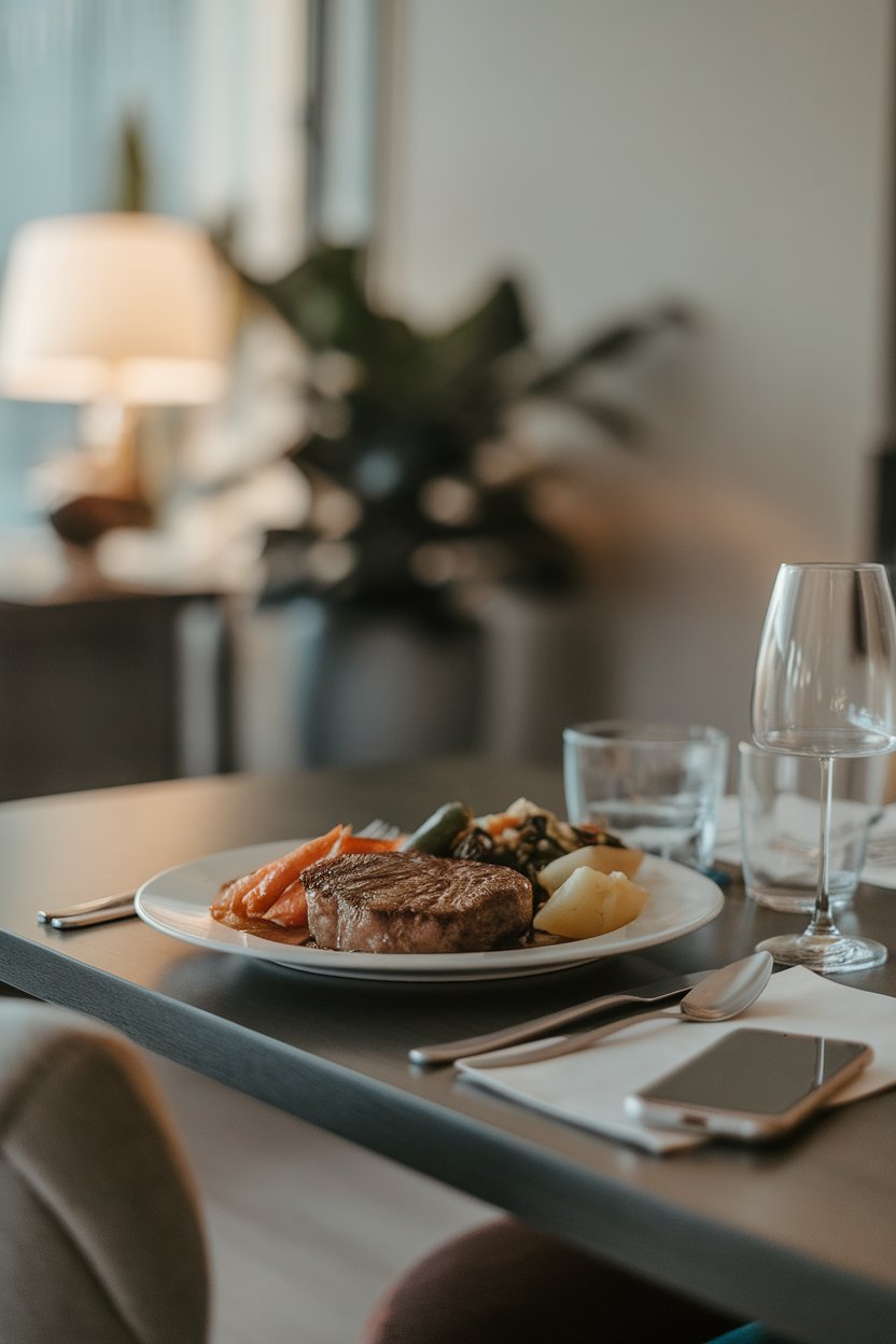 Indoor dining table photo with a phone turned face-down next to a plate of food, soft lighting, no logos.