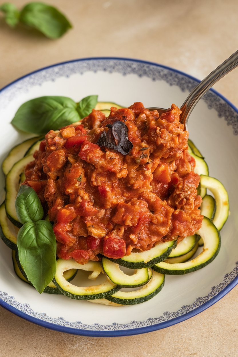 Indoor food photo of hearty turkey Bolognese spooned over zucchini spirals on a porcelain plate; fresh basil garnish, no text or logos.