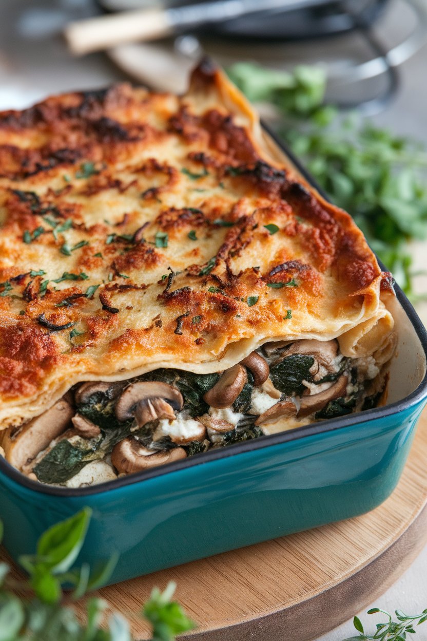 An indoor casserole dish of bubbling whole-wheat lasagna filled with mushrooms, spinach, and ricotta, cheese browned on top; no text or logos; photo