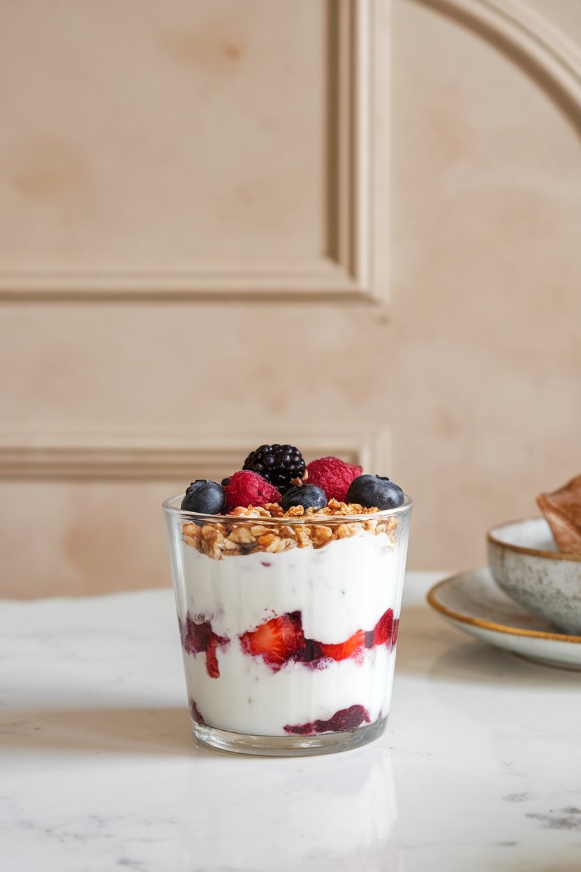 An indoor breakfast table holding a clear glass layered with thick Greek yogurt, fresh mixed berries, and a dusting of granola. No text or logos. Photo, not illustration.