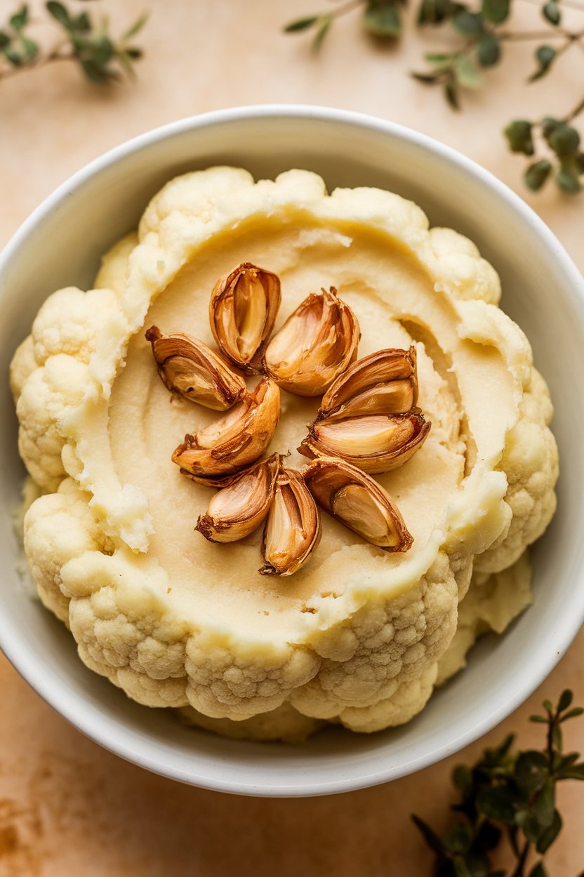 An indoor bowl of smooth mashed cauliflower with roasted garlic cloves on top; photo only, no text or logos.
