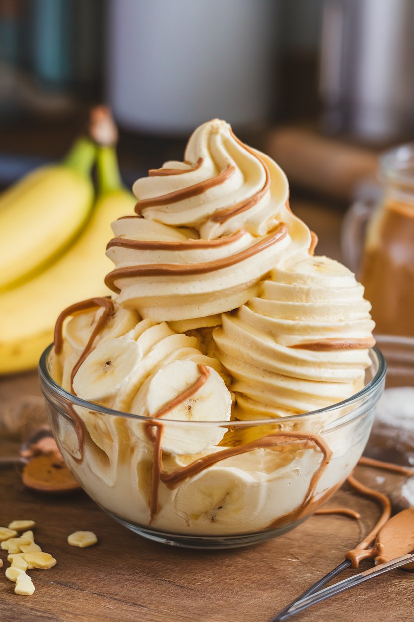 Photo of a bowl indoors filled with creamy banana nice cream swirled with peanut butter ribbons. No text or logos.