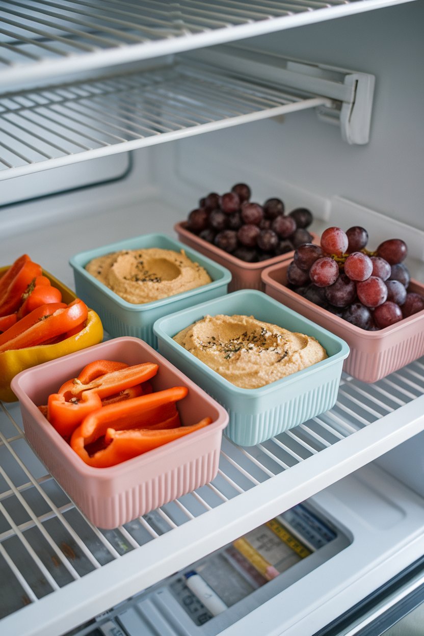 Photo — Several small reusable containers filled with sliced bell peppers, hummus, and grapes on a fridge shelf indoors. No text or logos.