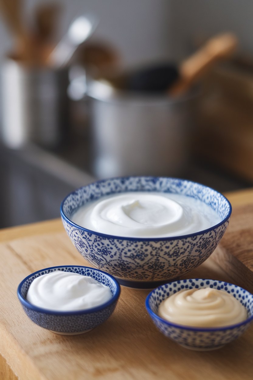 Photo — A bowl of Greek yogurt indoors alongside small dishes of sour cream and mayonnaise for contrast. No brand names or text.