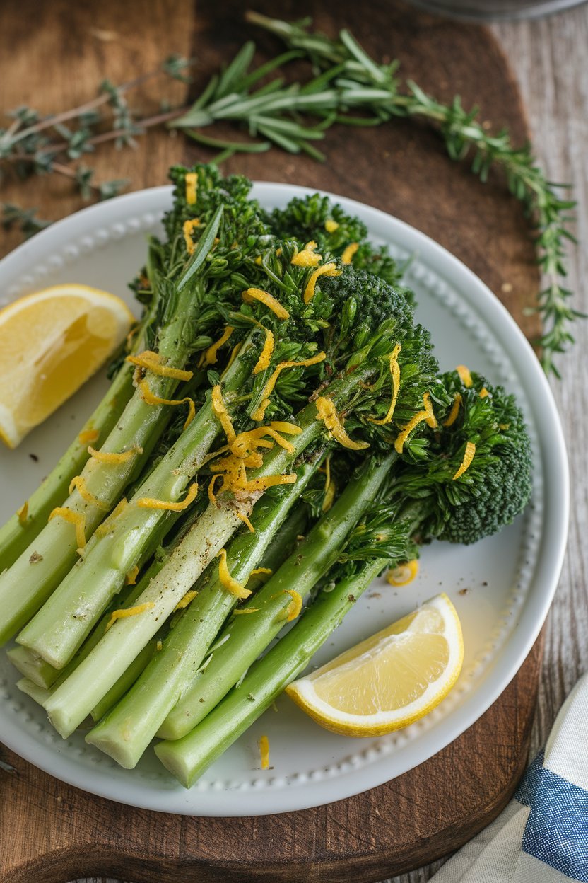 A white platter indoors showing steamed broccolini stalks lightly coated in olive oil and sprinkled with lemon zest and cracked pepper. No text or logos.