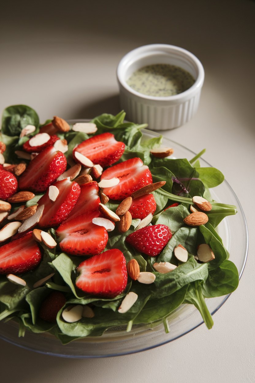 Photo of a shallow salad plate layered with baby spinach, sliced strawberries, toasted almonds, and a small ramekin of poppy seed dressing nearby, shot indoors under gentle lighting, no text or logos.