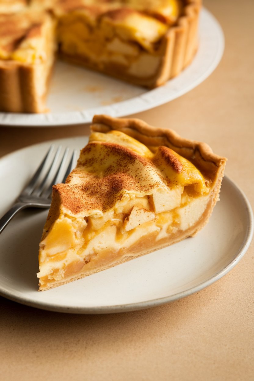Indoor kitchen scene of a slice of apple-cheddar quiche, cinnamon-dusted top, no text or logos.
